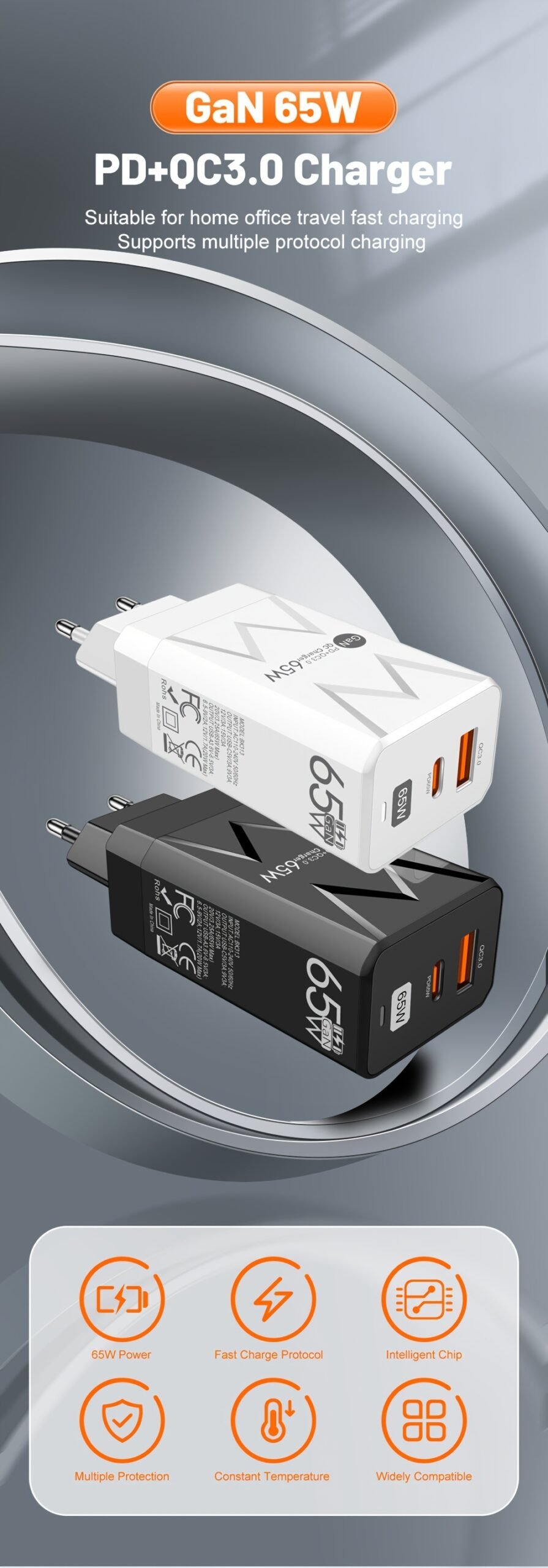 PD 65W + USB 20W GaN Charger Dual Ports USB C EU Plug Wall Charger, Type-C QC3.0 Mobile Phone Fast Charging Adapter, 2 Ports Protable Travel Charger - Image 13