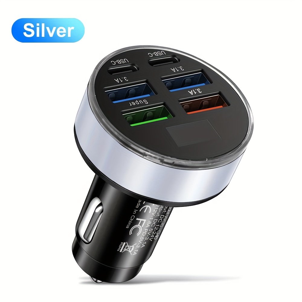 XJDR Silvery/Golden/Black Fast Charge 6 Port Car Phone Charger - QC3.0, Dual USB-C Power Adapter with LED Display for Vehicles - Image 10