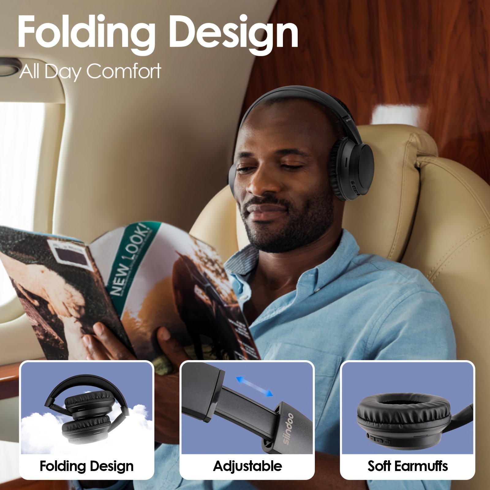 Siindoo Wireless Headphones Over Ear HiFi Stereo Headset with Microphone and 3EQ Modes Foldable Wireless V5.4 Headset for Travel Smartphone Computer Laptop - Image 9