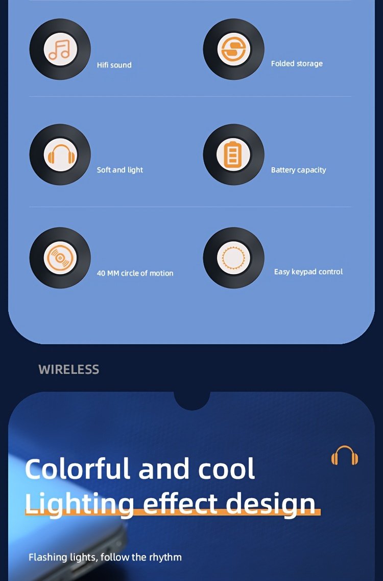 Wireless earphones, multi-color LED lights, comfortable foldable earphones, for tablet/PC/phone/birthday/Christmas/travel gifts. Popular wireless earphones, head mounted wireless earphones, and foldable earbuds. - Image 16