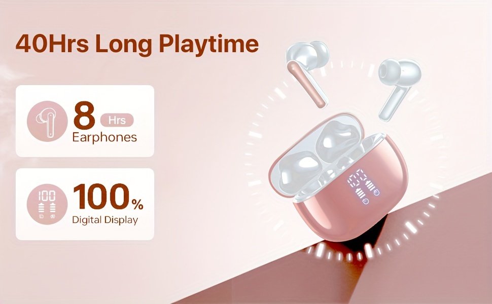 V5.3 Wireless Earbuds with Mic, 40 Hours Playtime, 380mAh LED Display Charging Case, Stereo Bass, Touch Control, Noise Cancellation, Type-C USB Charging, Non-Waterproof, for Adults, Sports & Exercise, Condenser Mic, Closed-Back Earcups, Compatible with Ce - Image 7
