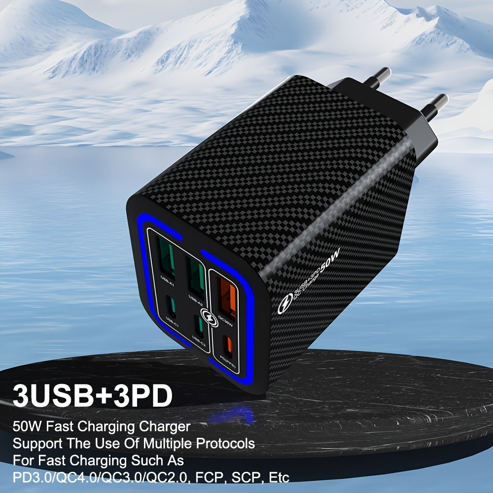 50W 3PD + 3USB 6 ports Mobile Phone Fast Charging Adapter, EU Plug USB Type C QC Qiuck Charge Adapter, Portable Convenient Travel Charger Wall Charger - Image 2
