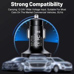 XJDR Silvery/Golden/Black Fast Charge 6 Port Car Phone Charger - QC3.0, Dual USB-C Power Adapter with LED Display for Vehicles