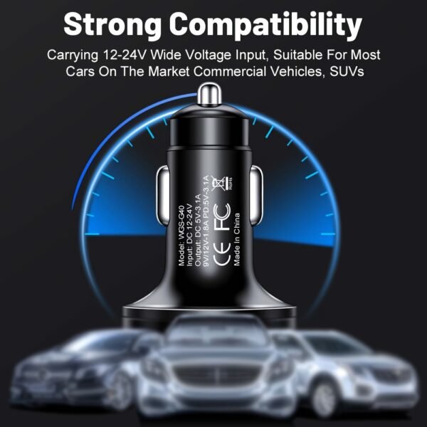XJDR Silvery/Golden/Black Fast Charge 6 Port Car Phone Charger - QC3.0, Dual USB-C Power Adapter with LED Display for Vehicles
