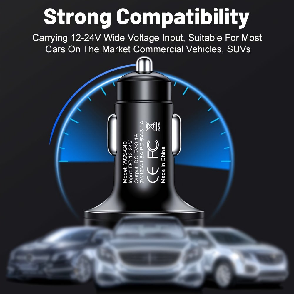 XJDR Silvery/Golden/Black Fast Charge 6 Port Car Phone Charger - QC3.0, Dual USB-C Power Adapter with LED Display for Vehicles