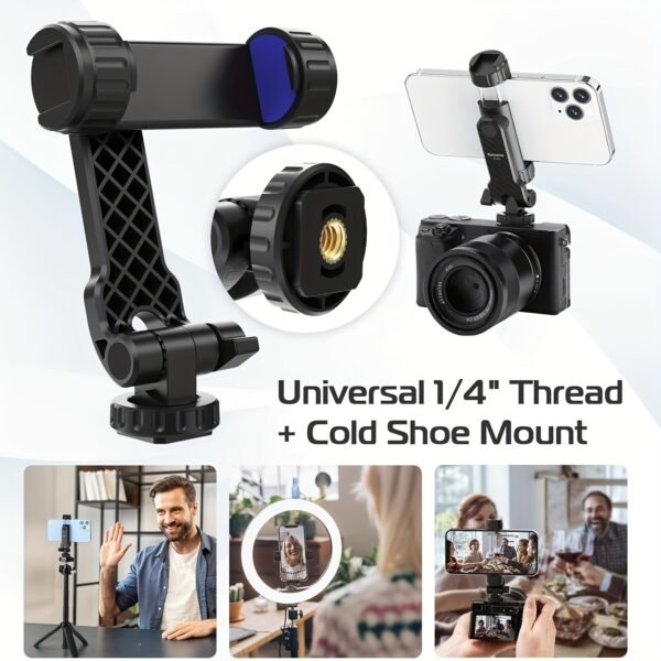 The Mobile Phone Holder Comes with 2 Cold Shoes. The Mobile Phone Tripod Bracket Is Suitable for All Mobile Phones. The Mobile Phone Bracket Is Connected to The Tripod And Can Rotate 360 Degrees And Can Be Tilted Forward And Backward. - Image 6