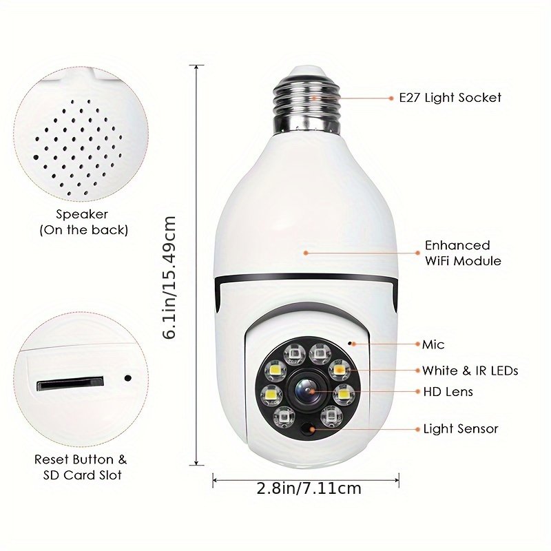 1pc Smart E27 Bulb Security Camera, 360° Rotatable, Wi-Fi Enabled, Infrared Night Vision, Two-Way Audio, Motion Sensor, Ceiling Mount, Hard-Wired 110-240V, App Control, No Battery, Non-Waterproof - Image 6