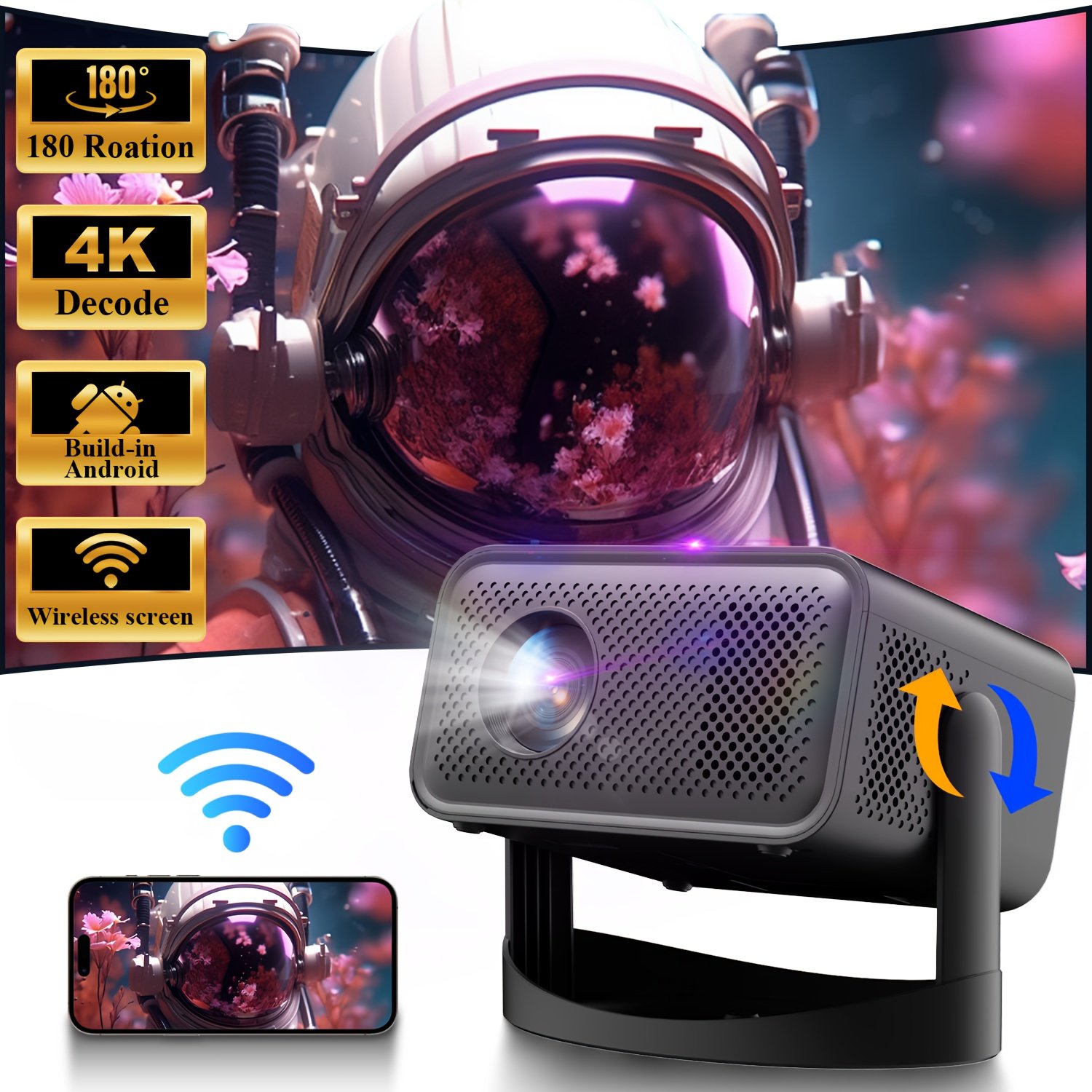 ZRZTM Projector - Ultra HD 4K decoding support 1080P, built-in Android, lightweight and portable, 360° adjustable viewing view, wireless wifi autofocus/keystone correction HDTV home theater experience - Image 4
