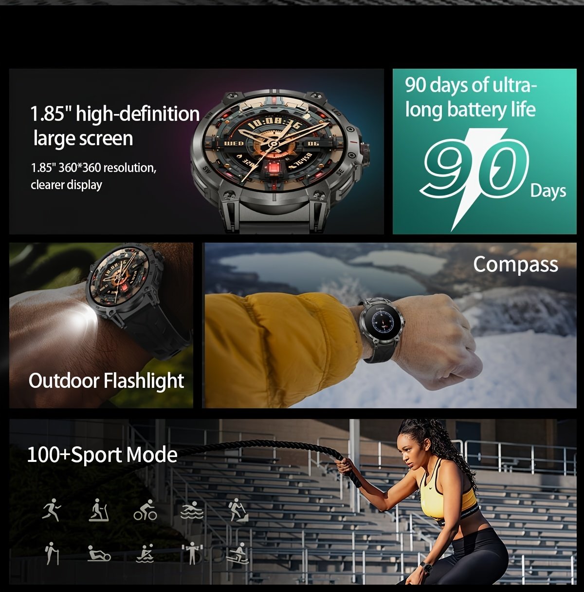 1.85 Inch Large Screen Smart Watch - 55mm - IP68 Waterproof Smart Watch for Men - 760mAh Large Battery - 100+ Sports Modes Activity Tracker - Wireless Calling and Answering - Sports Bracelet with LED Light - Compatible with Android/iPhone - Gift for Men - Image 12