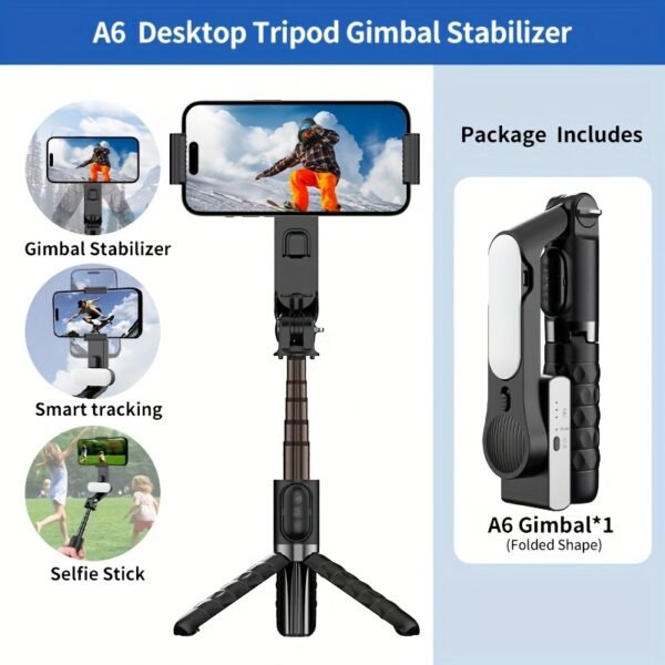 QAML A6 2024 Handheld Gimbal Stabilizer with Selfie Stick Tripod Stand, Wireless Wireless Remote, 1-Axis for Smartphone, 400mAh Rechargeable Lithium Polymer Battery, USB Charging, ABS Material, Compatible with iPhone & Android Devices - Image 5