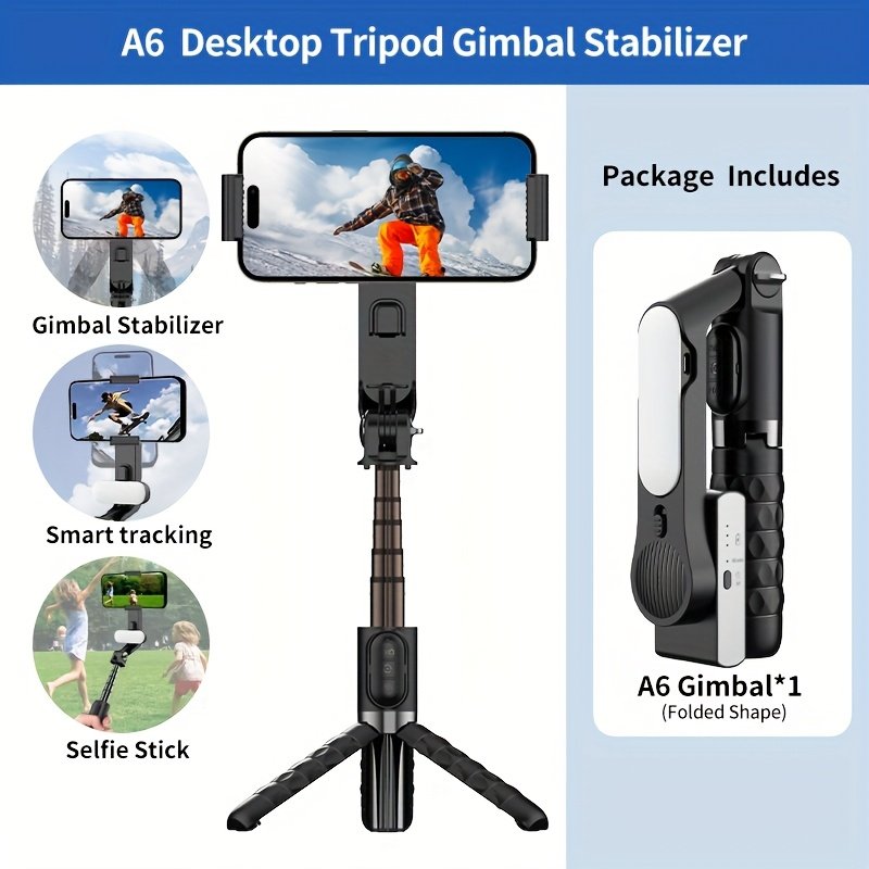 QAML A6 2024 Handheld Gimbal Stabilizer with Selfie Stick Tripod Stand, Wireless Wireless Remote, 1-Axis for Smartphone, 400mAh Rechargeable Lithium Polymer Battery, USB Charging, ABS Material, Compatible with iPhone & Android Devices - Image 5