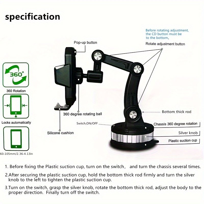 360° Rotatable Car Phone Holder – Adjustable Arm, Vibration-Proof Grip, Heavy-Duty Truck Mount, Washable Sticky Base, ABS Material, Waterproof Multi-Joint Angle Adjustment - Image 10