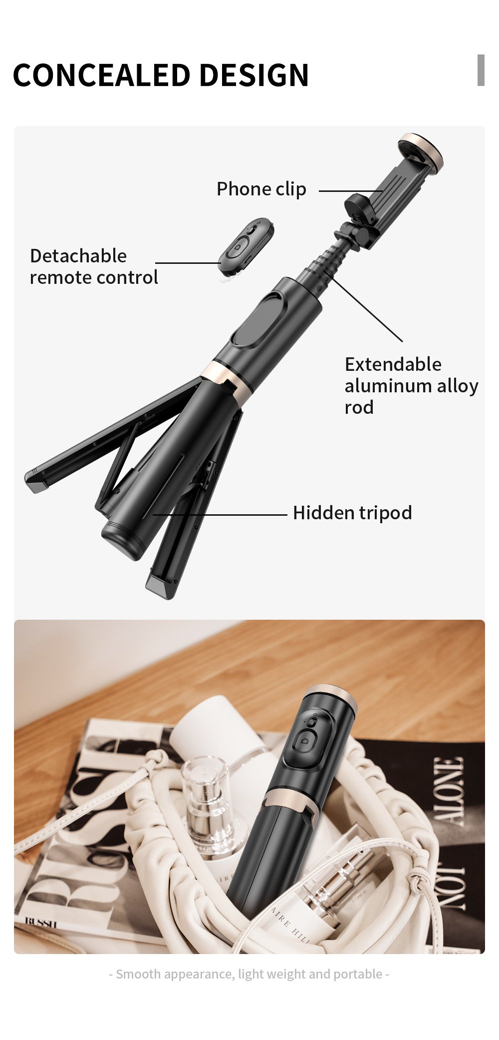 Portable Aluminum Alloy Phone Selfie Stick, Extendable Mobile Phone Tripod, Integrated Wireless Remote Hands Free Shooting For Apple IPhone And Android Smartphones 4''-7" - Image 16