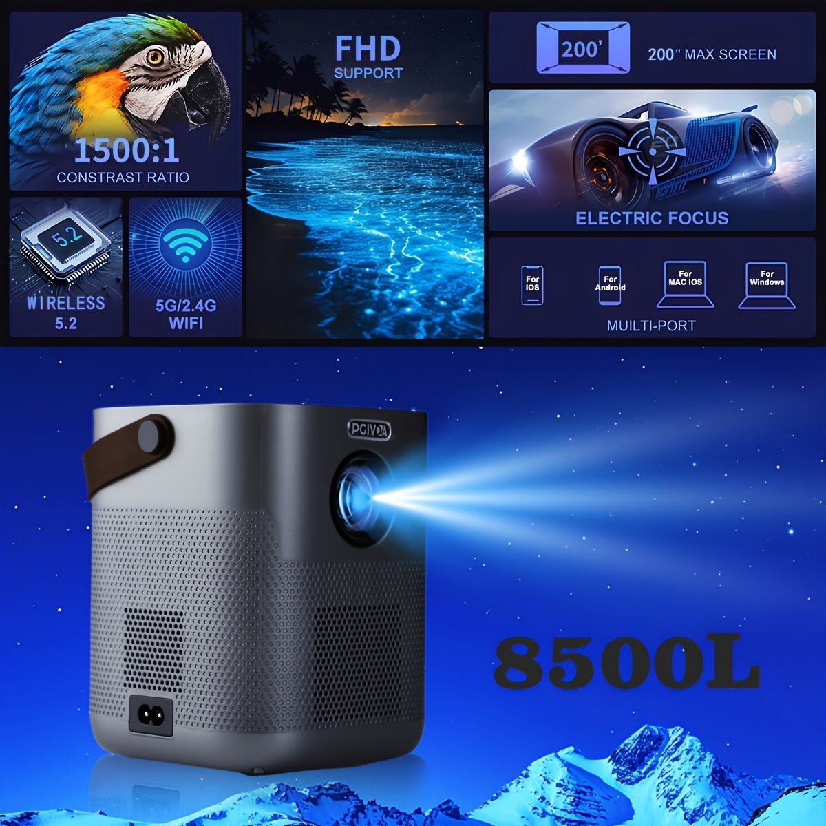 PGIVDA Wireless Projector for Mobile Phone, FHD 1080P Supported Portable Projector Electronic Focus, Max Projection Size 5.59meter - Image 3