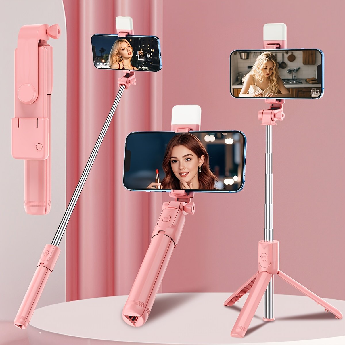 Wireless Selfie Stick Tripod, Pink Multi-Size with Beauty Light, 360° Rotating, Portable Remote Control Handheld Live Streaming Stand, Anti-Shake Gimbal Stabilizer, Battery Powered (Button Battery, ≤36V) - Image 6