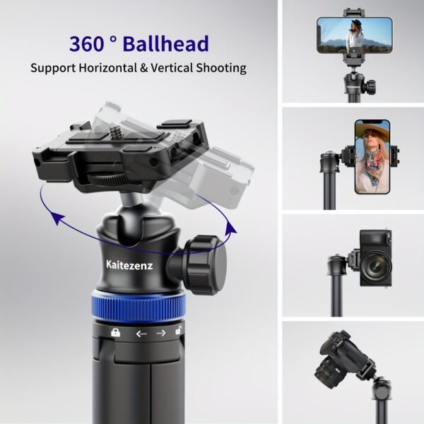 Rubesee 64-Inch Extendable Aluminum Alloy Selfie Stick Tripod, 8-Stage Adjustable Travel Stand with 2-in-1 Phone Clamp, 360° Ball Head for iPhone, Sony, Canon Cameras, Portable Vlogging Tripod - Image 2
