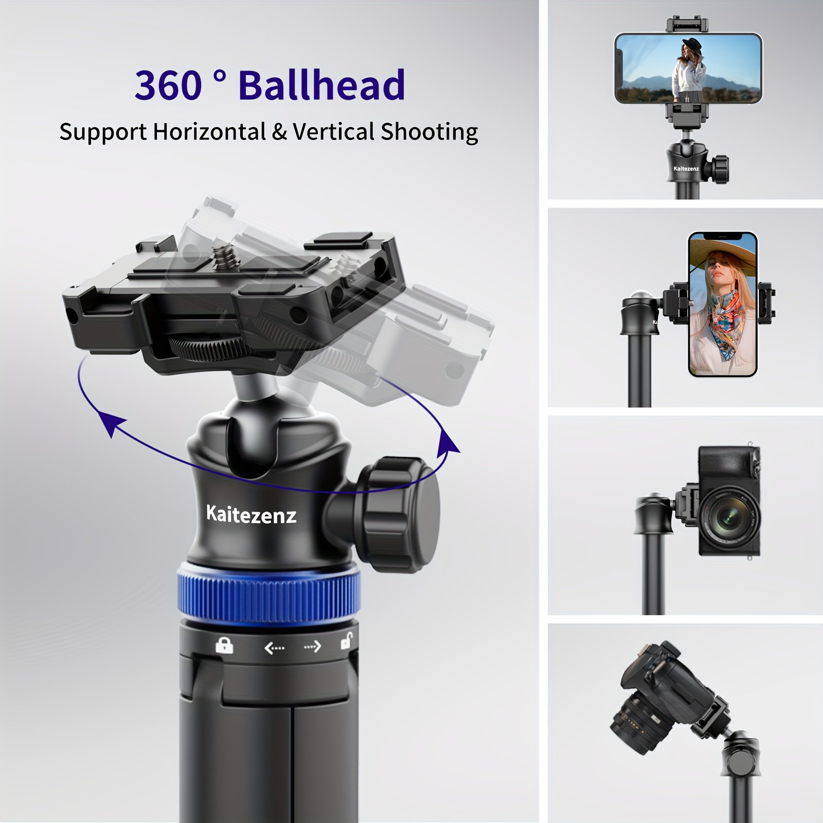 Rubesee 64-Inch Extendable Aluminum Alloy Selfie Stick Tripod, 8-Stage Adjustable Travel Stand with 2-in-1 Phone Clamp, 360° Ball Head for iPhone, Sony, Canon Cameras, Portable Vlogging Tripod - Image 2
