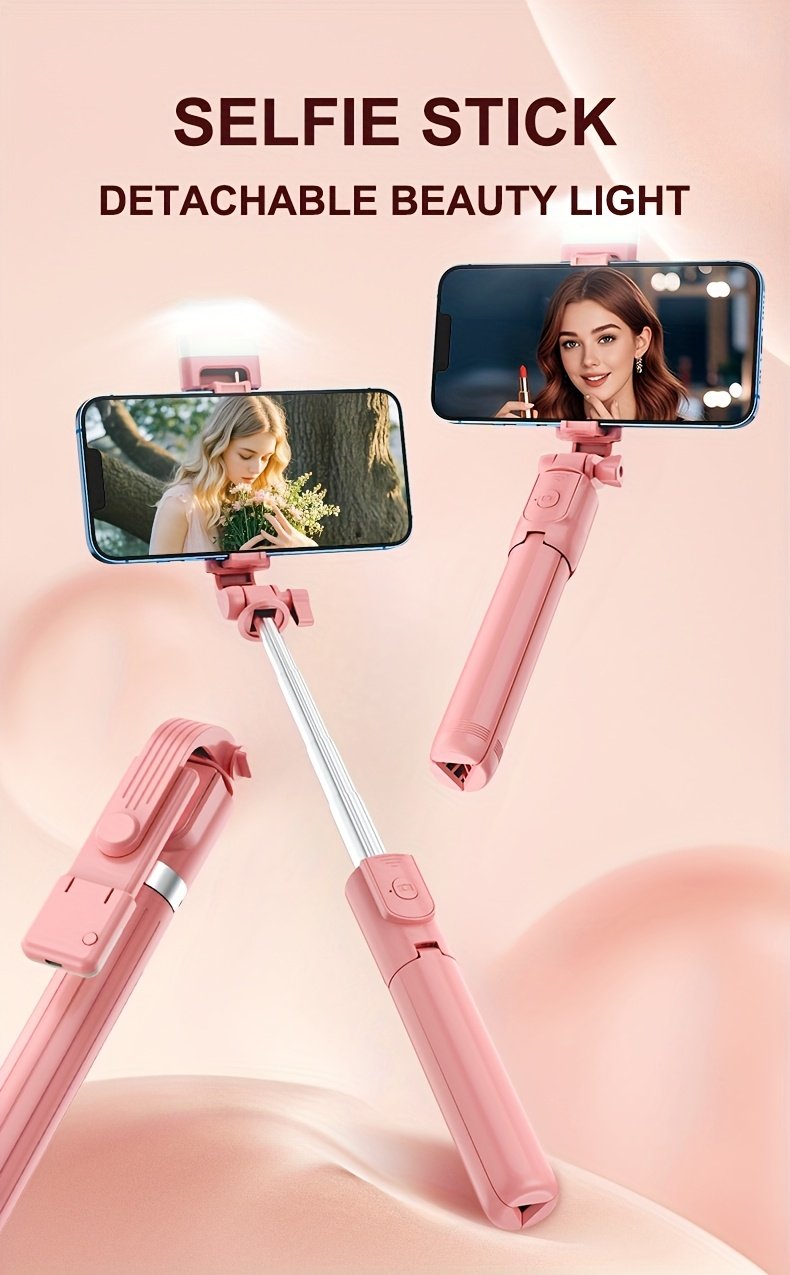 Wireless Selfie Stick Tripod, Pink Multi-Size with Beauty Light, 360° Rotating, Portable Remote Control Handheld Live Streaming Stand, Anti-Shake Gimbal Stabilizer, Battery Powered (Button Battery, ≤36V) - Image 14