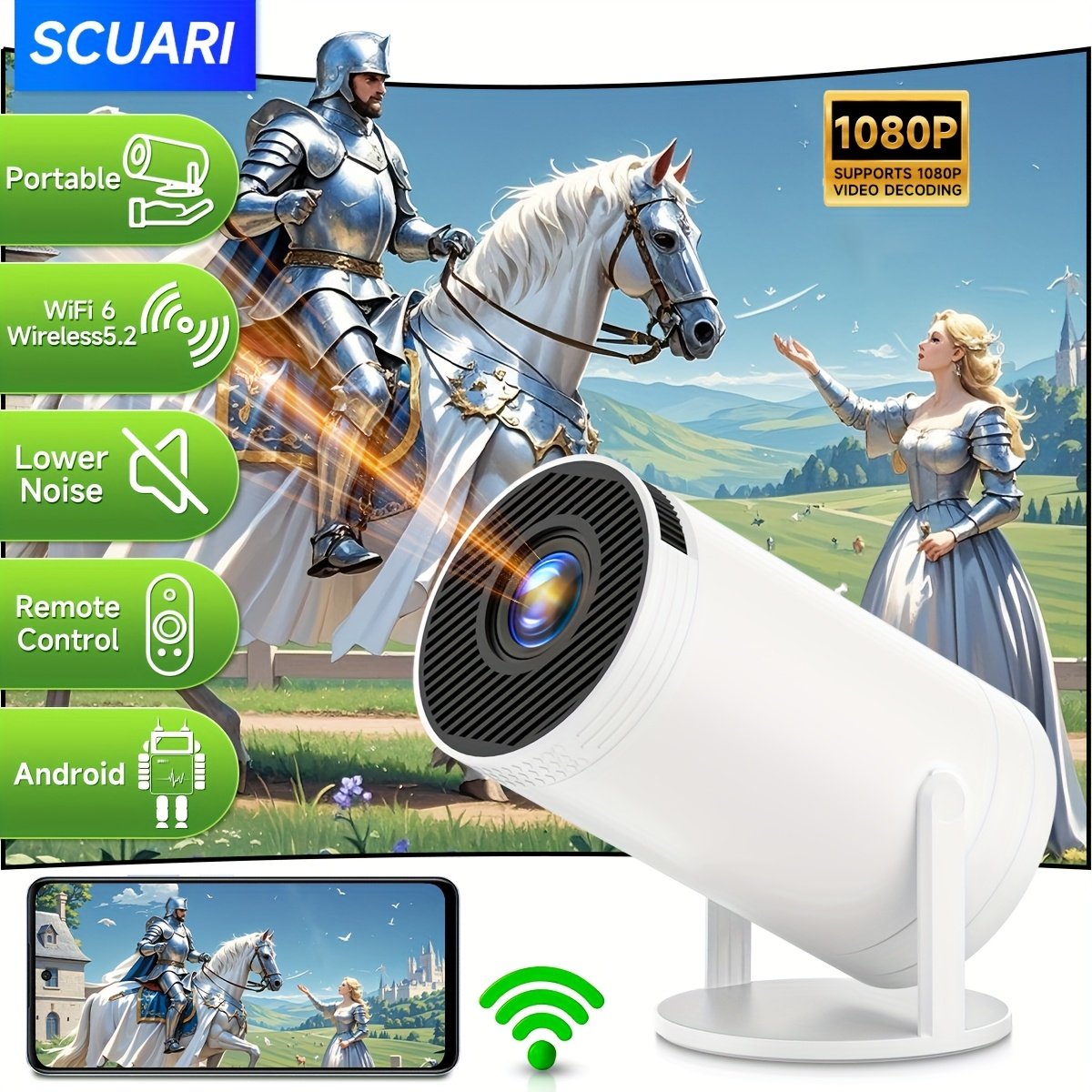 XYA Mini LED Projector Support 1080P video decoding, WiFi6 & Wireless 5.2 Portable Video Projector with Remote Control, 3.3 meter, High brightness, 180° flip, Android OS for Home & Office Use - Image 5