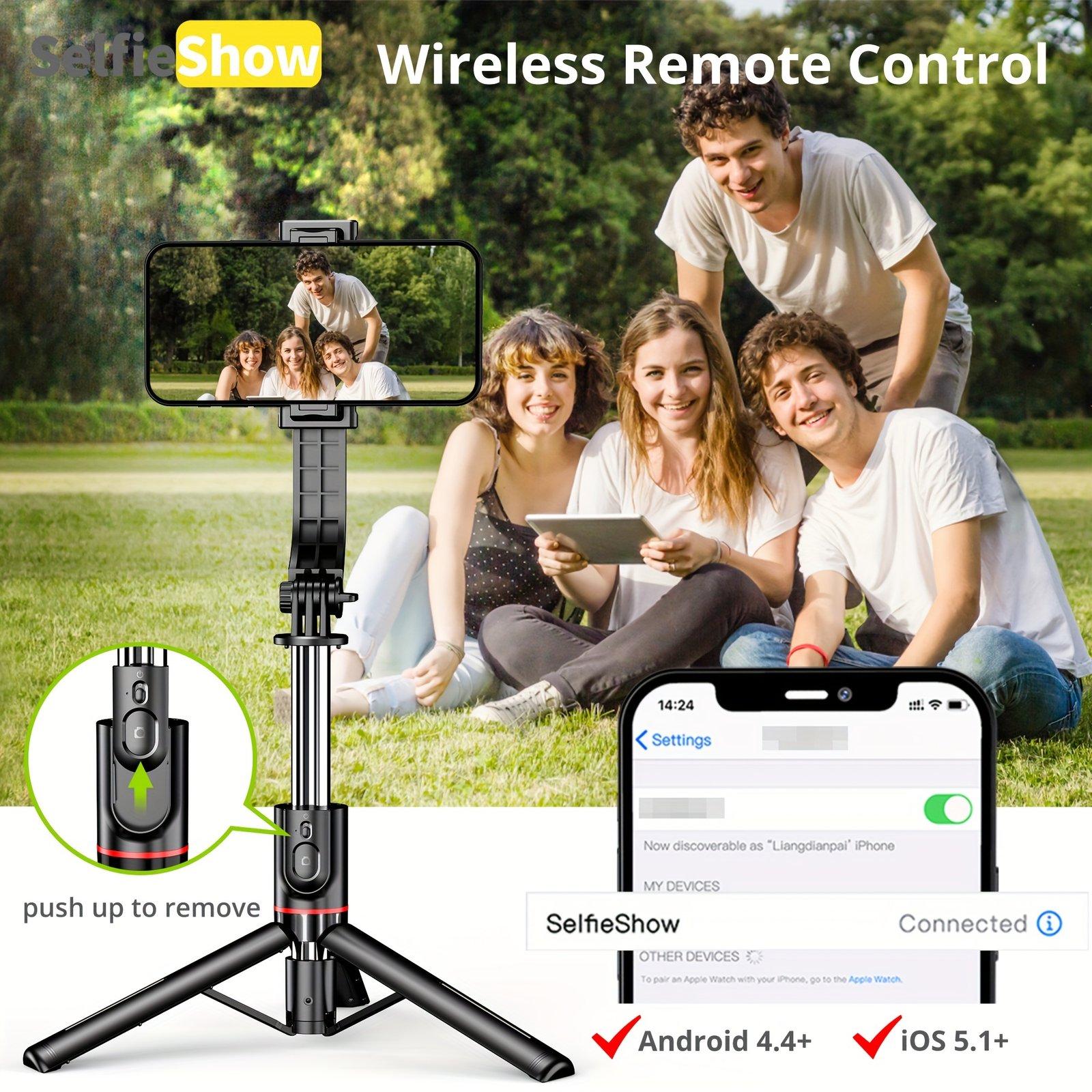 Portable 44-inch Selfie Stick Mobile Phone Tripod with Wireless Remote Control Expandable Smartphone Tripod Holder 360 Degree Rotation for iPhone 13 12 11 pro Xs Max Xr X 8 7 6 Plus, for Android for SamSung Smartphones - Image 7