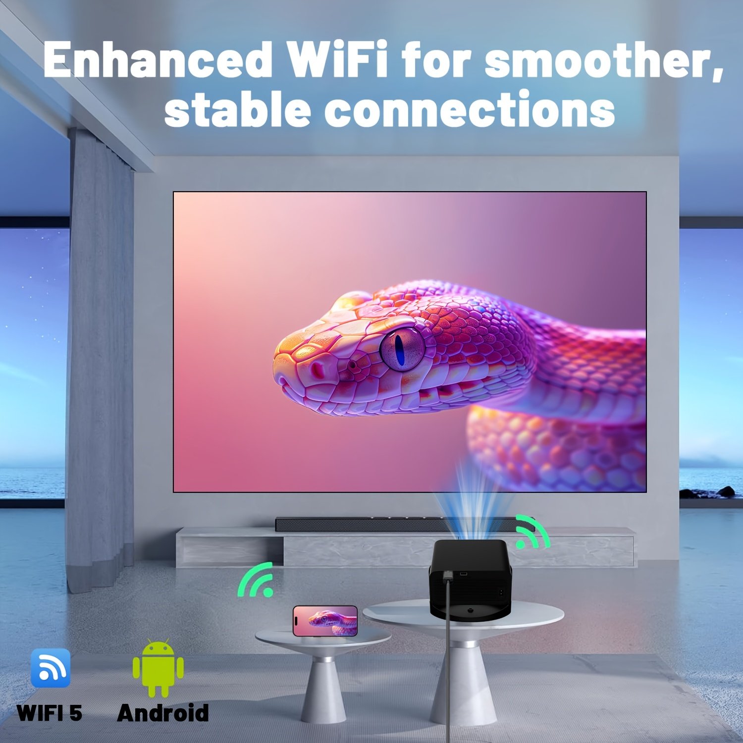 Full HD Smart Projector, Android, 5G WiFi Wireless Movie Projector, Projector Home Theater, Home Theater Projector, Projector Screen, Room Projector Connect to Mobile Phone 5G Sync, Compatible with - Image 3