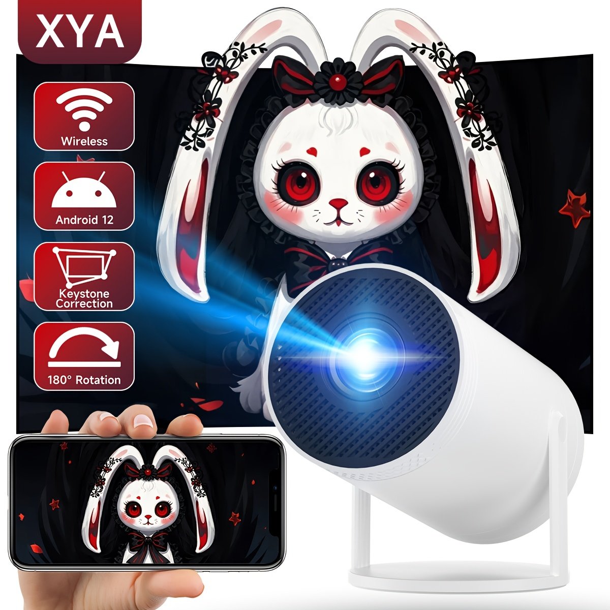 XYA-UHD Portable Mini Projector with WiFi & Wireless - Android 12, 270° Rotation, HD 1080P, Cute Bunny Design, Smartphone/Tablet Compatible, Ideal for Home Theater & Presentations - Image 5
