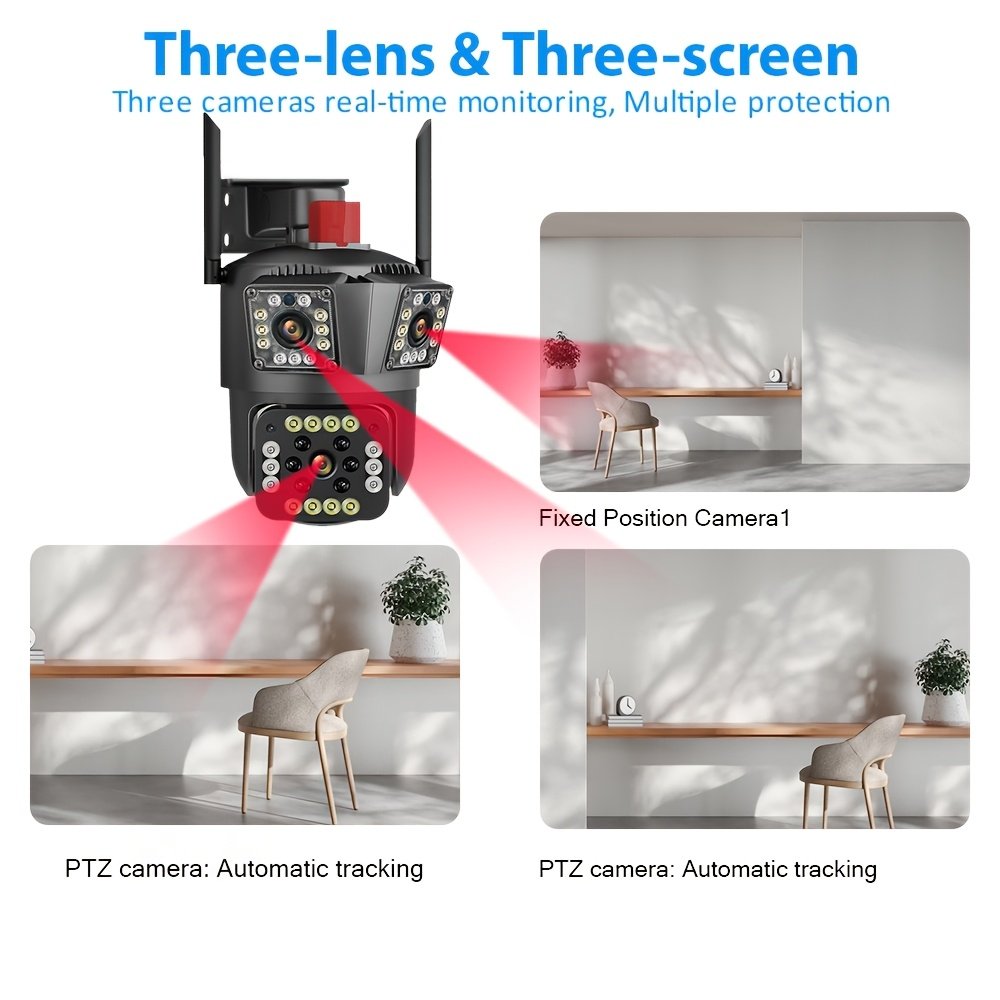 1pc 12MP Ultra HD WiFi Outdoor Camera, 3-Lens PTZ Security Monitor with 10X Zoom, 355° Rotatable Tilt, Color Night Vision, AI Motion Detection, Two-Way Audio, Wall Mount, Non-Waterproof, European Standard Plug, 110V-240V, App Control, Audio Alerts, Withou - Image 12