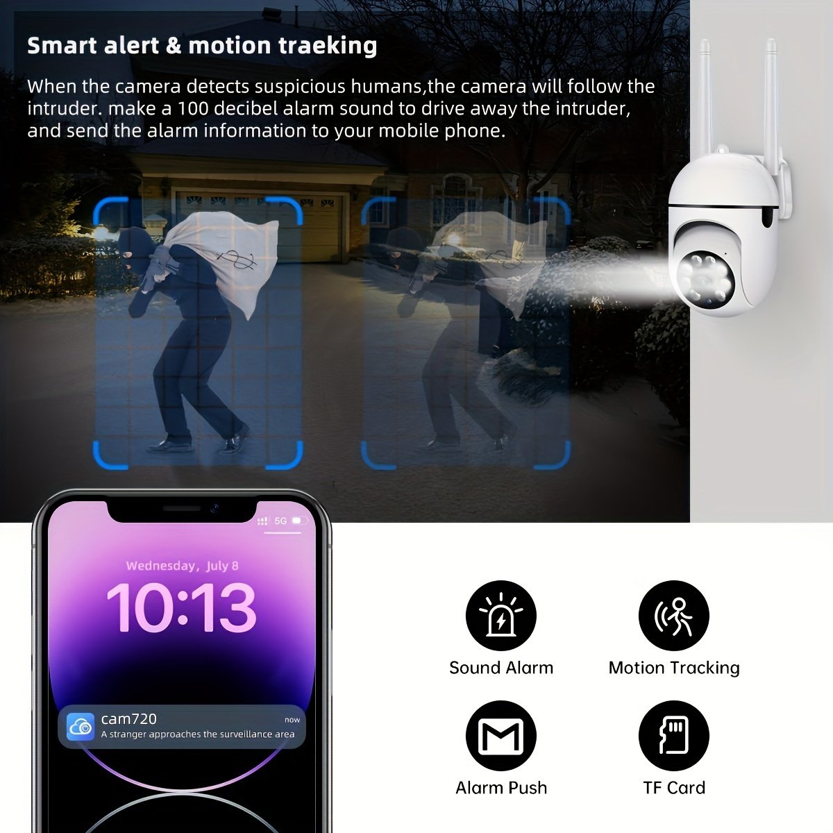 1pc High-definition 1080P Wireless Wifi Security Camera PTZ IP 355-degree 2.4G System Two-way Audio Motion Detection and Visual Active Defense Alarm Notification Push Pet Youngsters Monitor Supports Up to 256G TF/SD Card Intercom Home Security Camera, Rem - Image 9