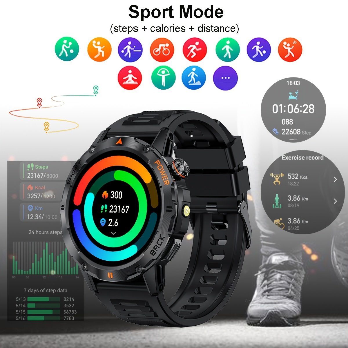 COIUSOR Men'S Smart Watch 3.89cm TFT Display, IP67 Waterproof, Voice Call, LED Flashlight, Wireless 5.3, Magnetic Charging, 400mAh Rechargeable Battery, Multiple Sports Modes, One-Click Sync for iPhone & Android - Image 7