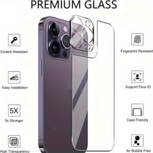 4 in 1 [2 Back Glass + 2 Lens Film] Transparent Tempered Glass For iPhone 15 14 13 12 11 Pro Max Mini Back Screen Protector with Clear Camera Lens Film For iPhone 15 14 Plus 13 12 ProMax