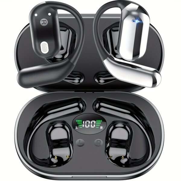 Wireless Headphones with Open Ear Design, Sport Earbuds Featuring Touch Volume Control, Built-In Microphone, And Ear Hooks. They Offer 50 Hours of Playtime And Come with an LED Display Charging Case, Ideal for Running And Fitness, Available in Black And W - Image 5