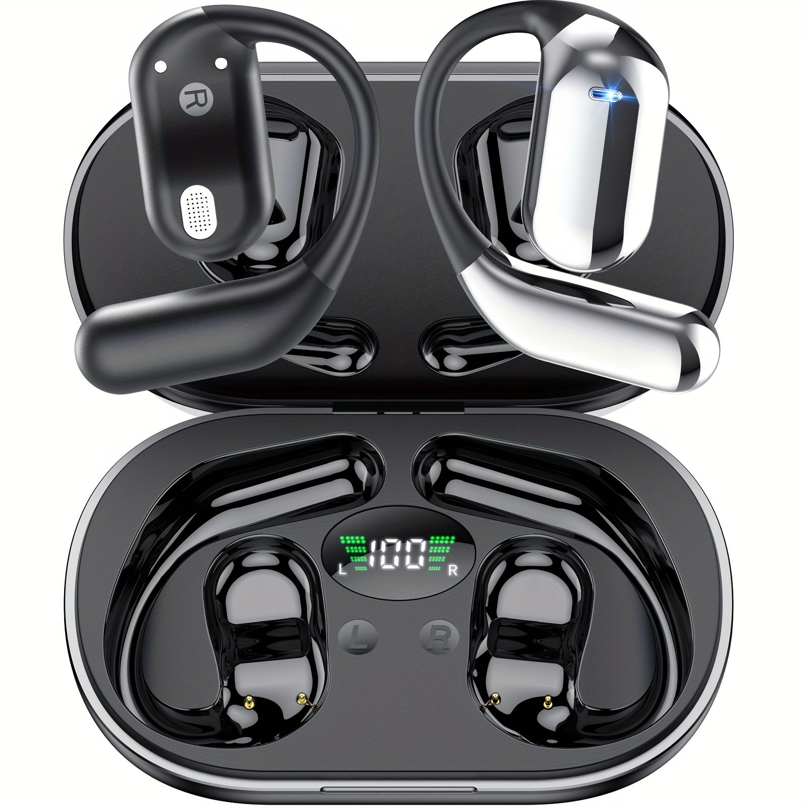Wireless Headphones with Open Ear Design, Sport Earbuds Featuring Touch Volume Control, Built-In Microphone, And Ear Hooks. They Offer 50 Hours of Playtime And Come with an LED Display Charging Case, Ideal for Running And Fitness, Available in Black And W - Image 5