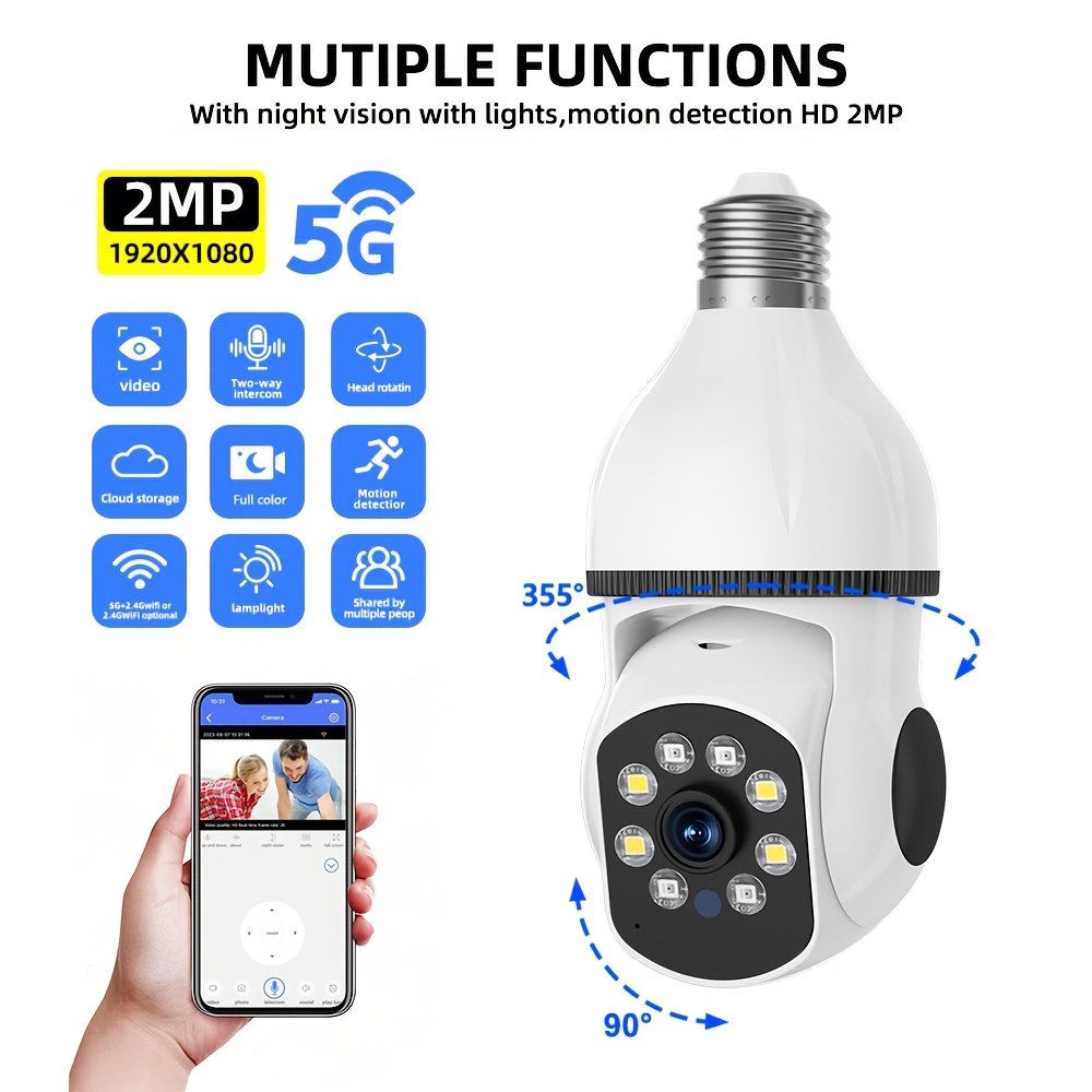 1080P HD WJG E27 Light Bulb Camera - Dual Band WiFi (2.4G+5G) Auto-Tracking, Color Night Vision, AI Motion Alerts for Home Security & Pet Monitoring with Cloud/Card Storage Support
