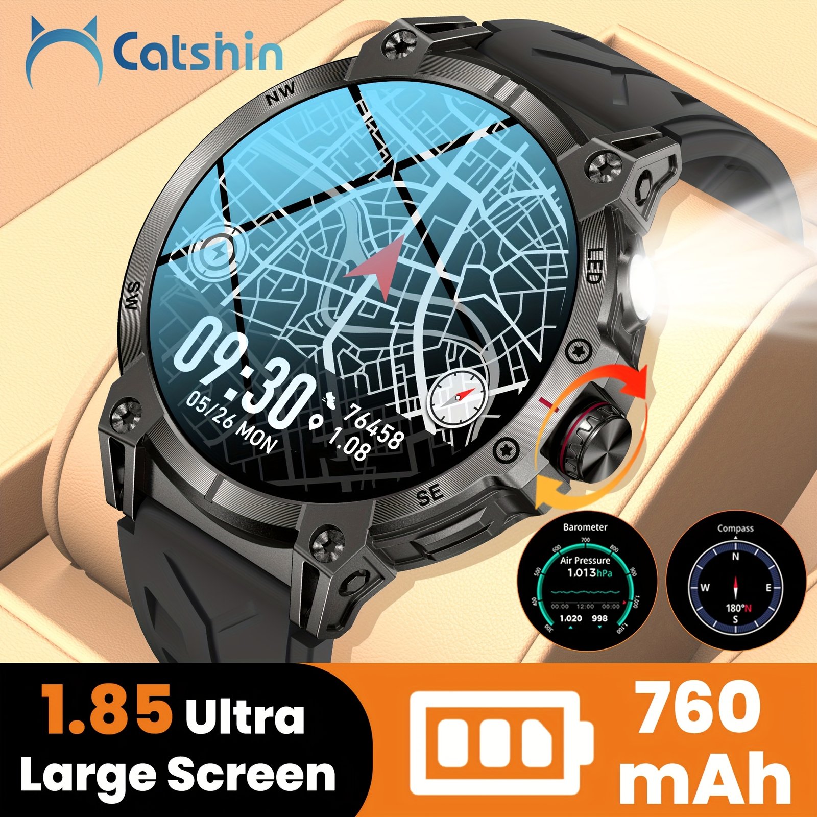 1.85 Inch Large Screen Smart Watch - 55mm - IP68 Waterproof Smart Watch for Men - 760mAh Large Battery - 100+ Sports Modes Activity Tracker - Wireless Calling and Answering - Sports Bracelet with LED Light - Compatible with Android/iPhone - Gift for Men - Image 2
