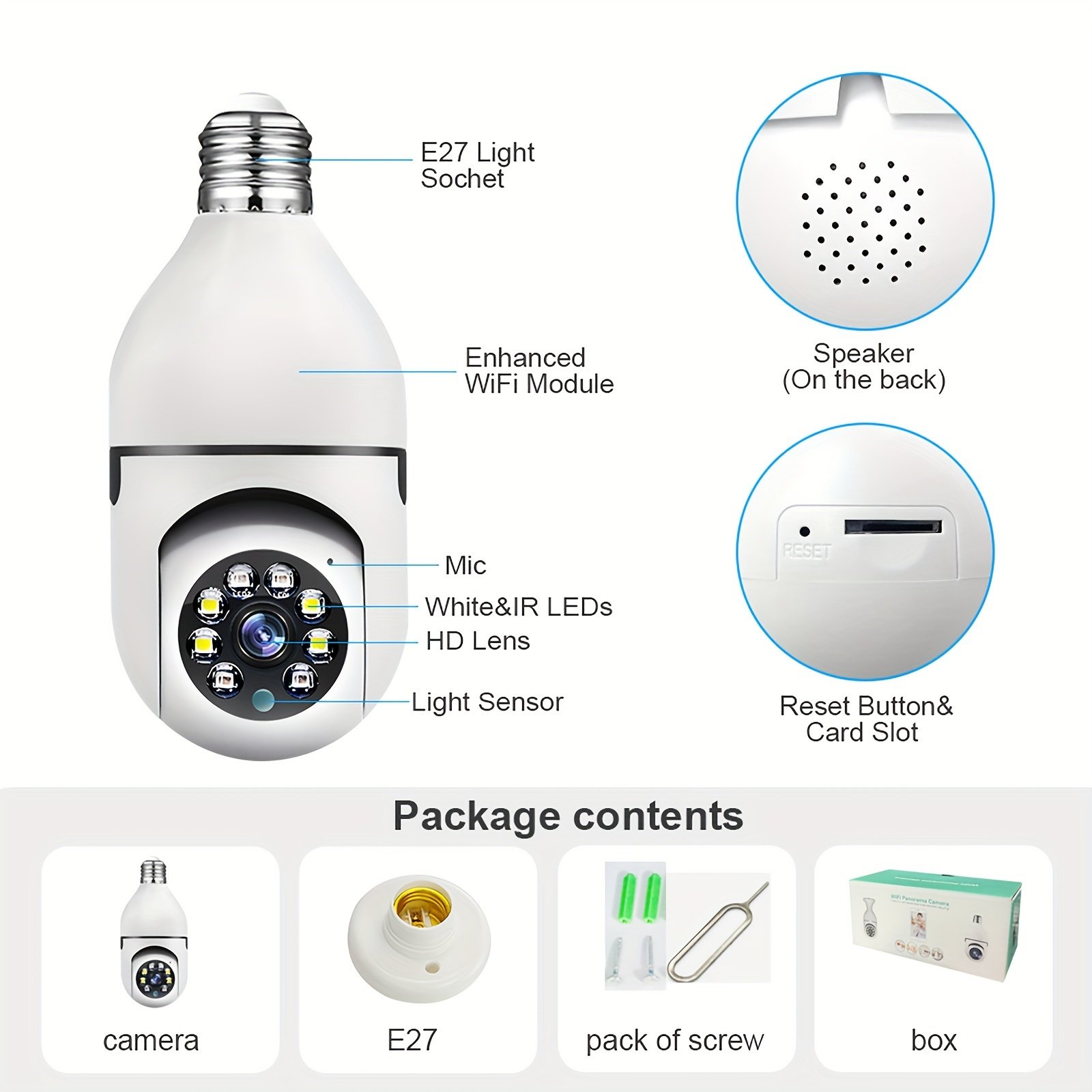 1pc Smart E27 Bulb Security Camera, 360° Rotatable, Wi-Fi Enabled, Infrared Night Vision, Two-Way Audio, Motion Sensor, Ceiling Mount, Hard-Wired 110-240V, App Control, No Battery, Non-Waterproof - Image 2