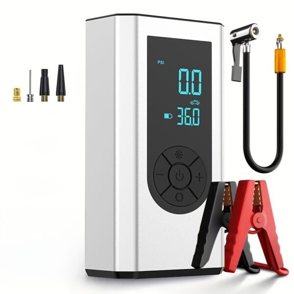 Portable Wireless Car Battery Emergency Starter Inflator Pump, Auto Tire Inflator Pump, Portable Car Emergency Start Battery Power, Tire Inflator Pump, Air Compressor, LED Display, Large Capacity Storage With Emergency Flashlight