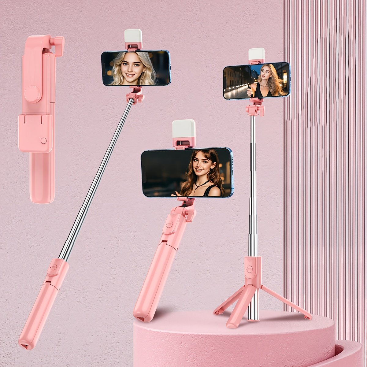 Wireless Selfie Stick Tripod, Pink Multi-Size with Beauty Light, 360° Rotating, Portable Remote Control Handheld Live Streaming Stand, Anti-Shake Gimbal Stabilizer, Battery Powered (Button Battery, ≤36V) - Image 8