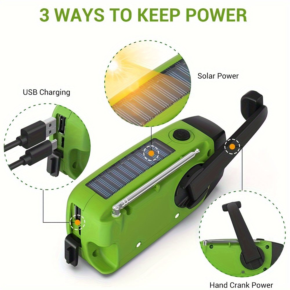 Portable Emergency Radio with Power Bank, 2000mAh Lithium Battery, AM/FM/NOAA Weather Band, Hand Crank & Solar Charging, USB Rechargeable, 3 LED Flashlight, Non-Waterproof, for Indoor Outdoor Camping - Image 3