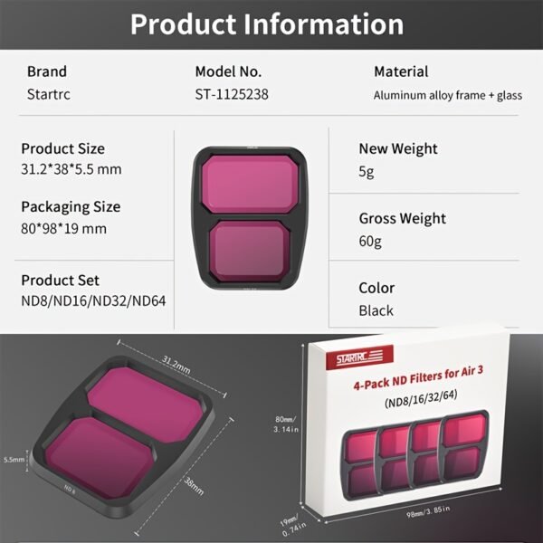 STARTRC 6pcs ND Filter Set for DJI Air 3 - UV, CPL, ND8, ND16, ND32, ND64 - Adjustable Metal Filters with Rectangular Shape - Image 6