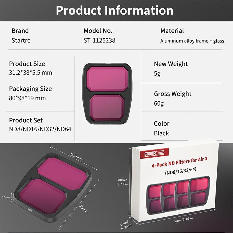 STARTRC 6pcs ND Filter Set for DJI Air 3 - UV, CPL, ND8, ND16, ND32, ND64 - Adjustable Metal Filters with Rectangular Shape - Image 6
