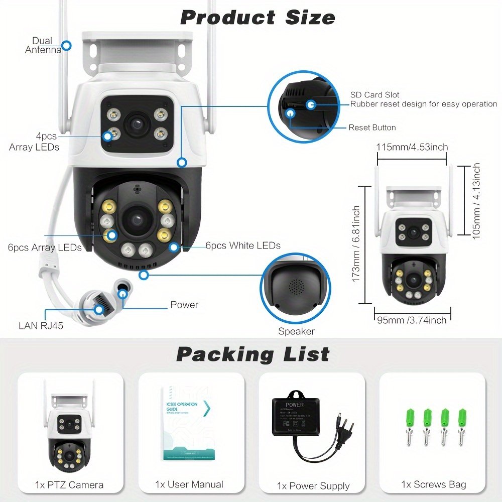 1pc 4K 8MP WiFi Security Camera, 2 Lens 4MP Total 8MP Dual Lens 2.4ghz Wireless IP Camera, Video Surveillance for Home Security CCTV Monitor, AI Human Tracking, Color Night Vision, Outdoor, Two-Way Audio, Motion Alert, Pan Tilt Rotation Icsee - Image 2
