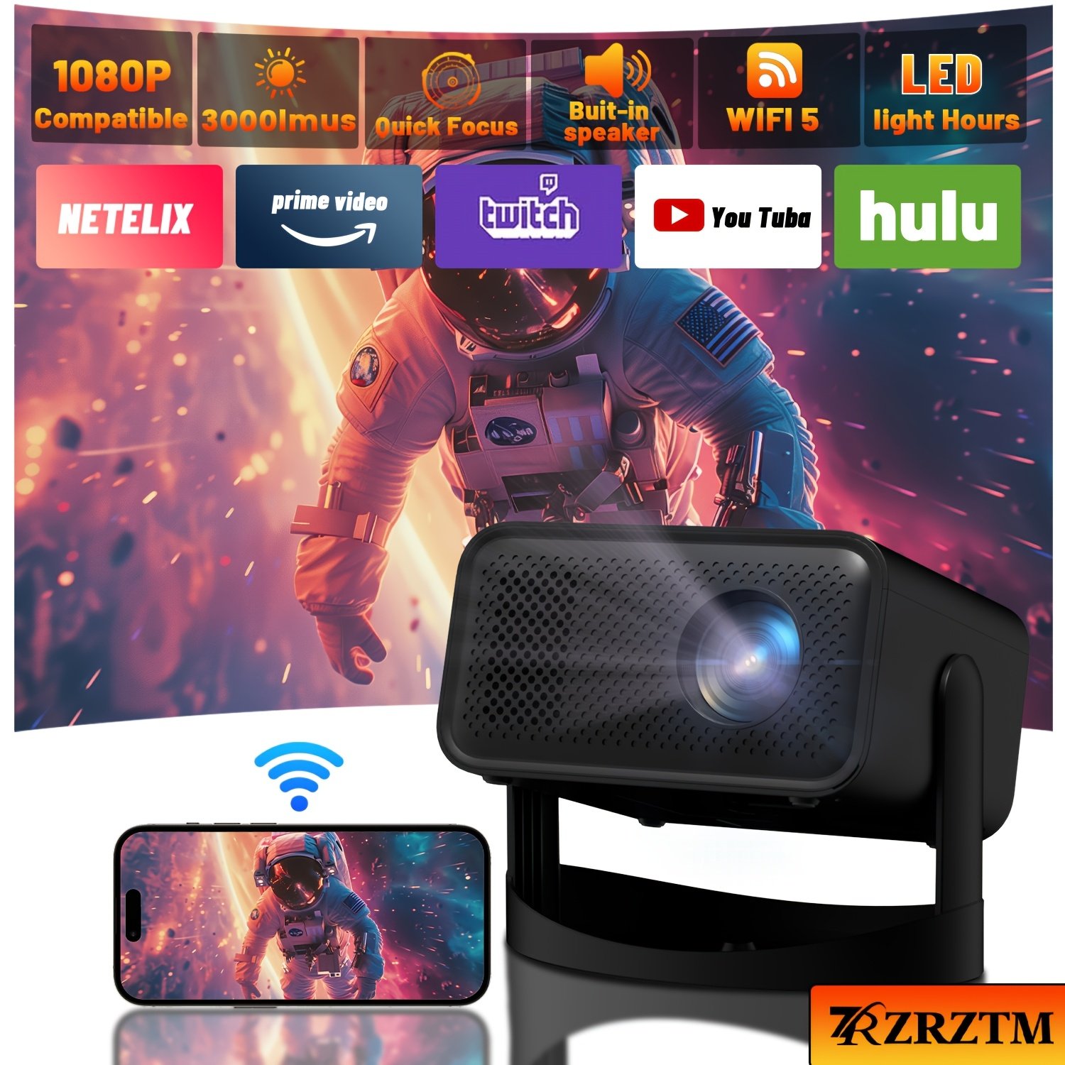Full HD Smart Projector, Android, 5G WiFi Wireless Movie Projector, Projector Home Theater, Home Theater Projector, Projector Screen, Room Projector Connect to Mobile Phone 5G Sync, Compatible with - Image 2
