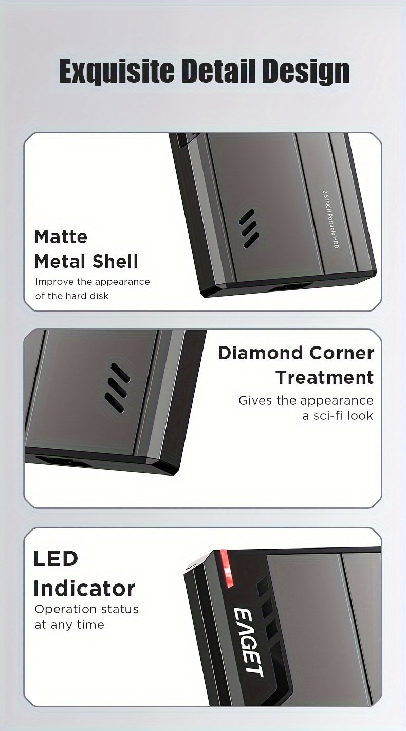 EAGET 6.35cm Portable HDD External Hard Drive, 500GB/1TB, USB 3.0, High-Speed 5Gbps, Metal Texture, Plug and Play for PC, Mac, PS4, Xbox - No Battery Required - Image 20