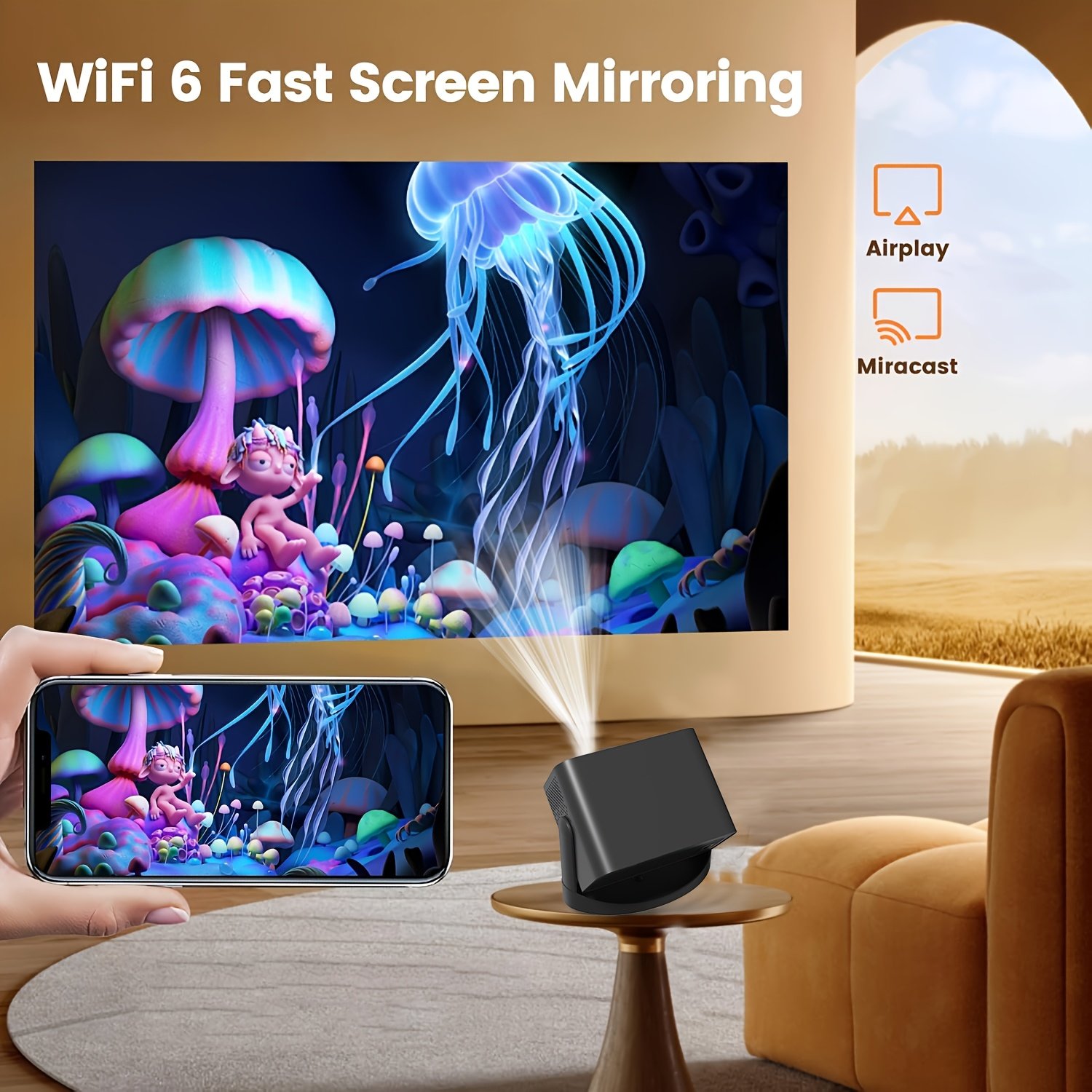 4K Home Theater Projector with Dual WiFi, WiFi6, 200ANSI, HD 1280x720P, Wireless 5.0, Auto Correction, Mali-G312 GPU, Allwinner H713 Processor - Ideal for Movie Nights and Gaming