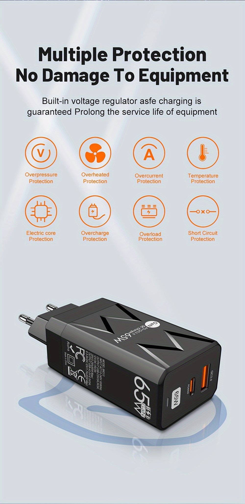 PD 65W + USB 20W GaN Charger Dual Ports USB C EU Plug Wall Charger, Type-C QC3.0 Mobile Phone Fast Charging Adapter, 2 Ports Protable Travel Charger - Image 17