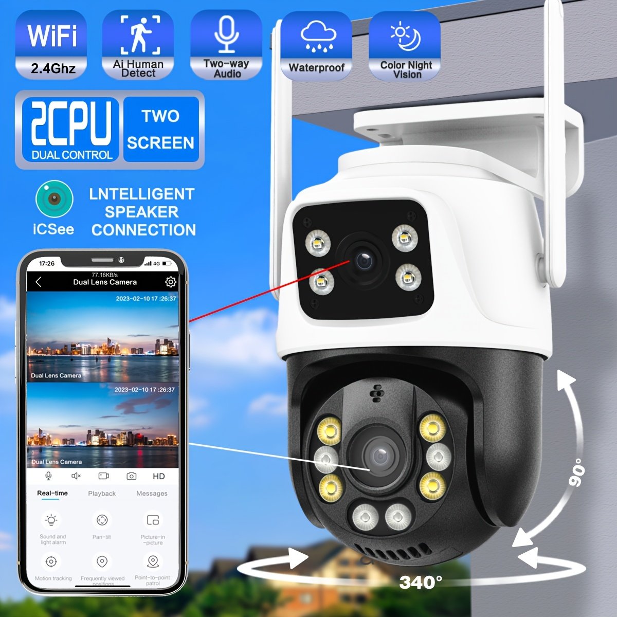 1pc 4K 8MP WiFi Security Camera, 2 Lens 4MP Total 8MP Dual Lens 2.4ghz Wireless IP Camera, Video Surveillance for Home Security CCTV Monitor, AI Human Tracking, Color Night Vision, Outdoor, Two-Way Audio, Motion Alert, Pan Tilt Rotation Icsee - Image 3