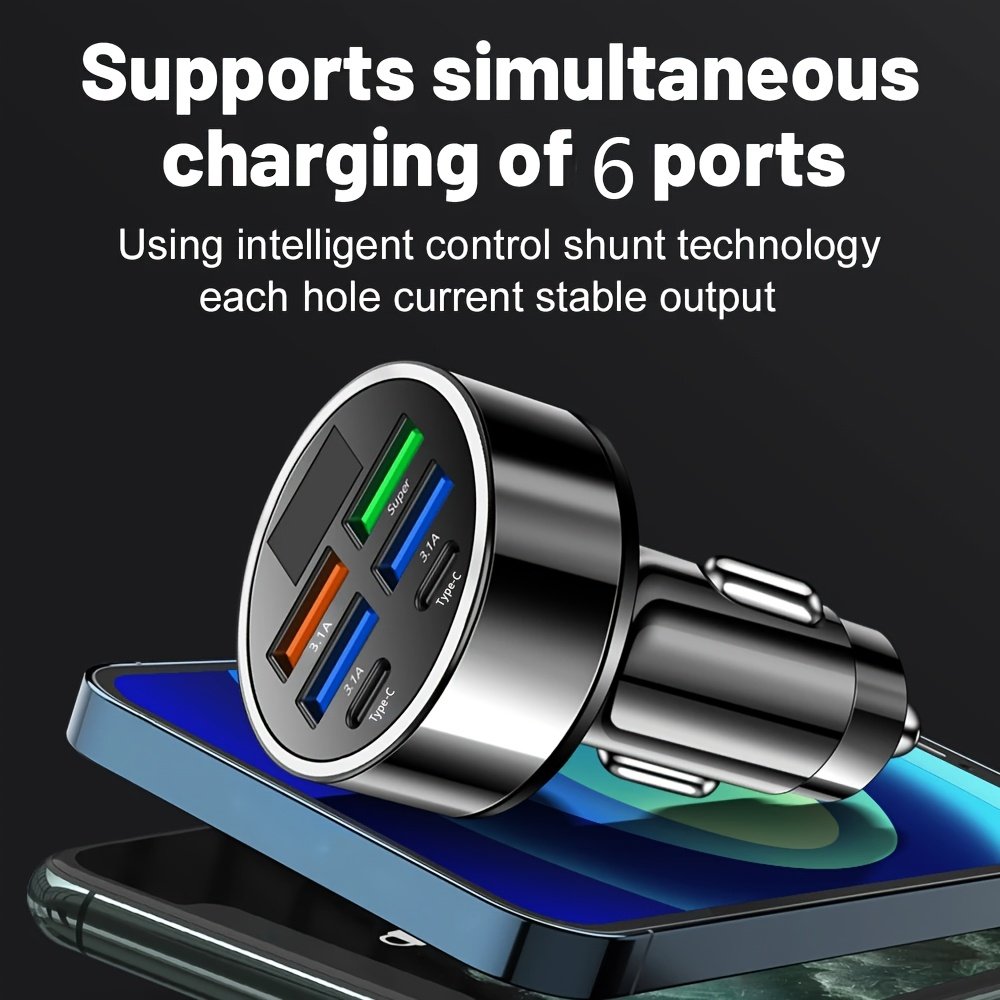 Fast Charge 6-in-1 Car Phone Charger - QC3.0, Dual PD Power Adapter with LED Display for Vehicles - Image 7