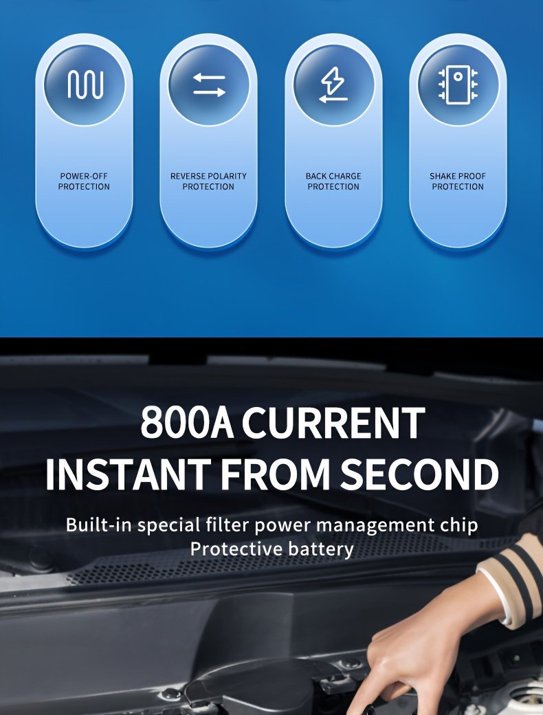 8000mAh Emergency Car Jump Starter Power Bank with Digital Display, Portable USB-C Charging Air Compressor, 12 Safety Protections, Fast Inflation in 10 Seconds, Rechargeable Lithium Polymer Battery for Tire Inflation and Multi-Functional Lighting - Image 12