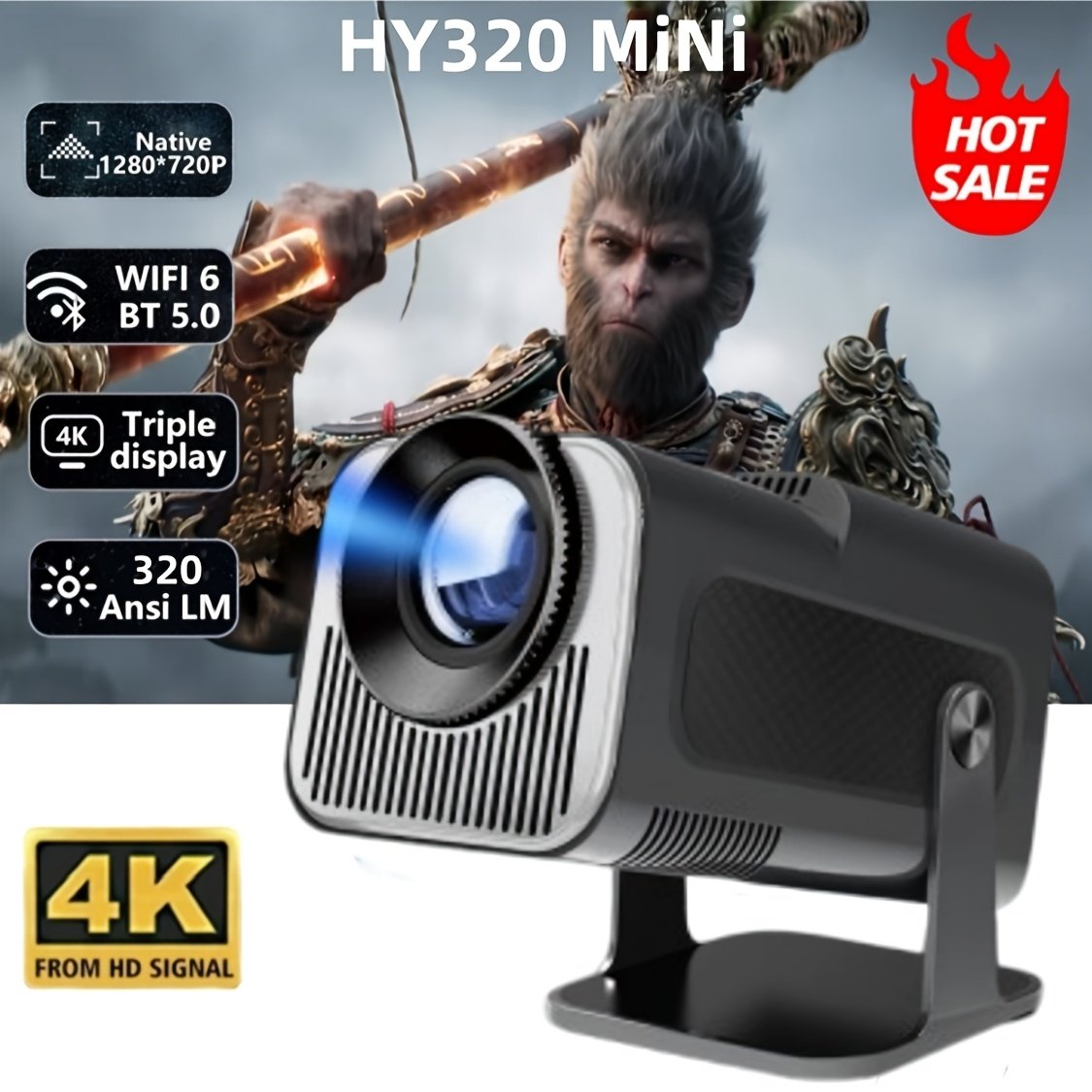 Popular HY320 Mini Projector 4K Ultra HD, Andro 11.0, Lightweight and Portable 720P 320ANSI Portable Wireless Home Cinema 180 ° Projection Multi angle Adjustment - Image 6