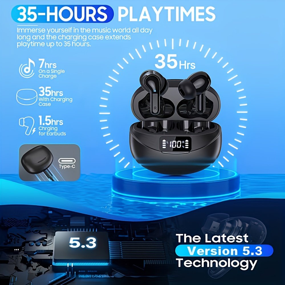 Wireless Earbuds with LCD Display, Touch Control, CVC 8.0 Noise Cancelling, Condenser Mic, Type-C Charging, Non-Waterproof Plastic Headphones for Exercise & Audio Surveillance, Compatible with Cellphones - Image 4